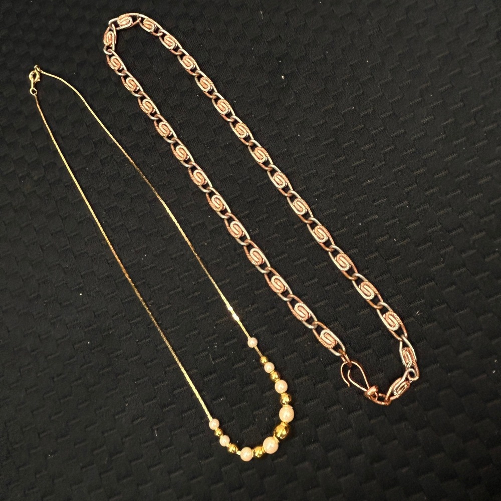 Vintage Style Necklace Set Gold Tone Faux Pearl & Copper Tone Link Chain